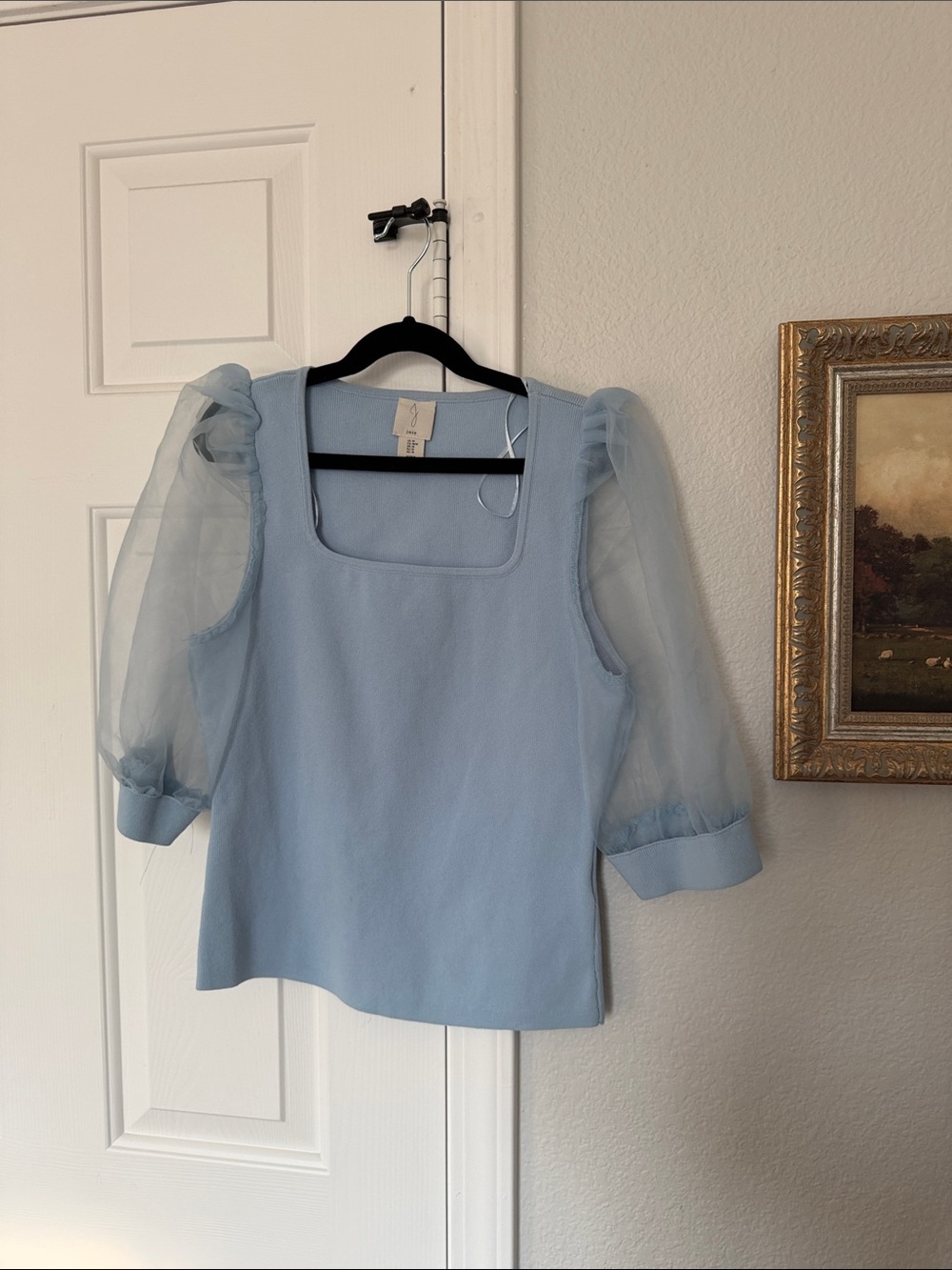 Joie Powder Blue Square Neck Top with Sheer Puff Sleeves